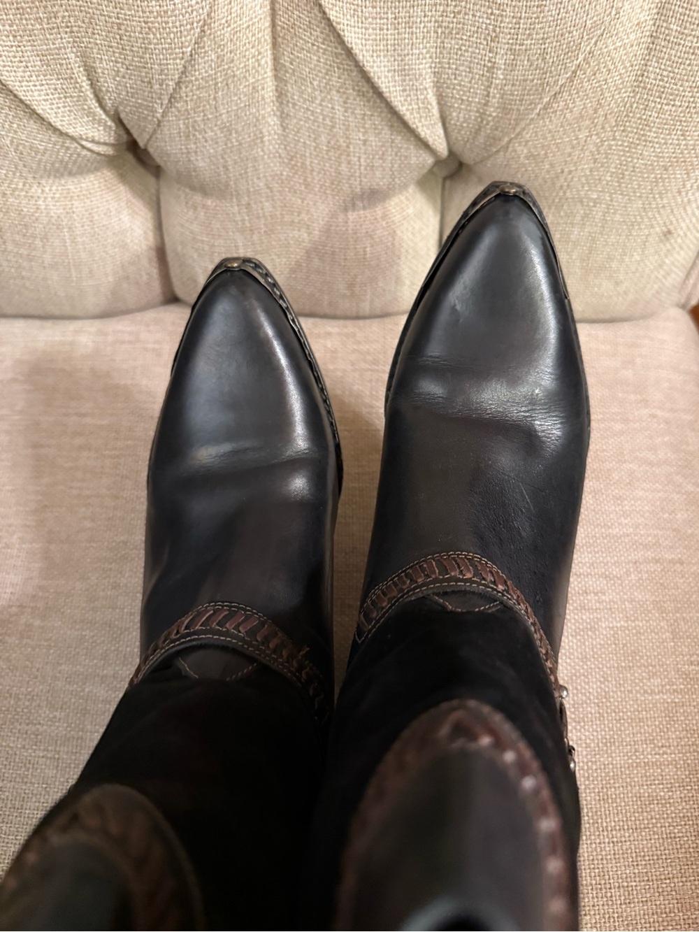 Circle S Black Leather & Suede Western Boots Stacked Heel Buckle Western Boho - Picture 7 of 8